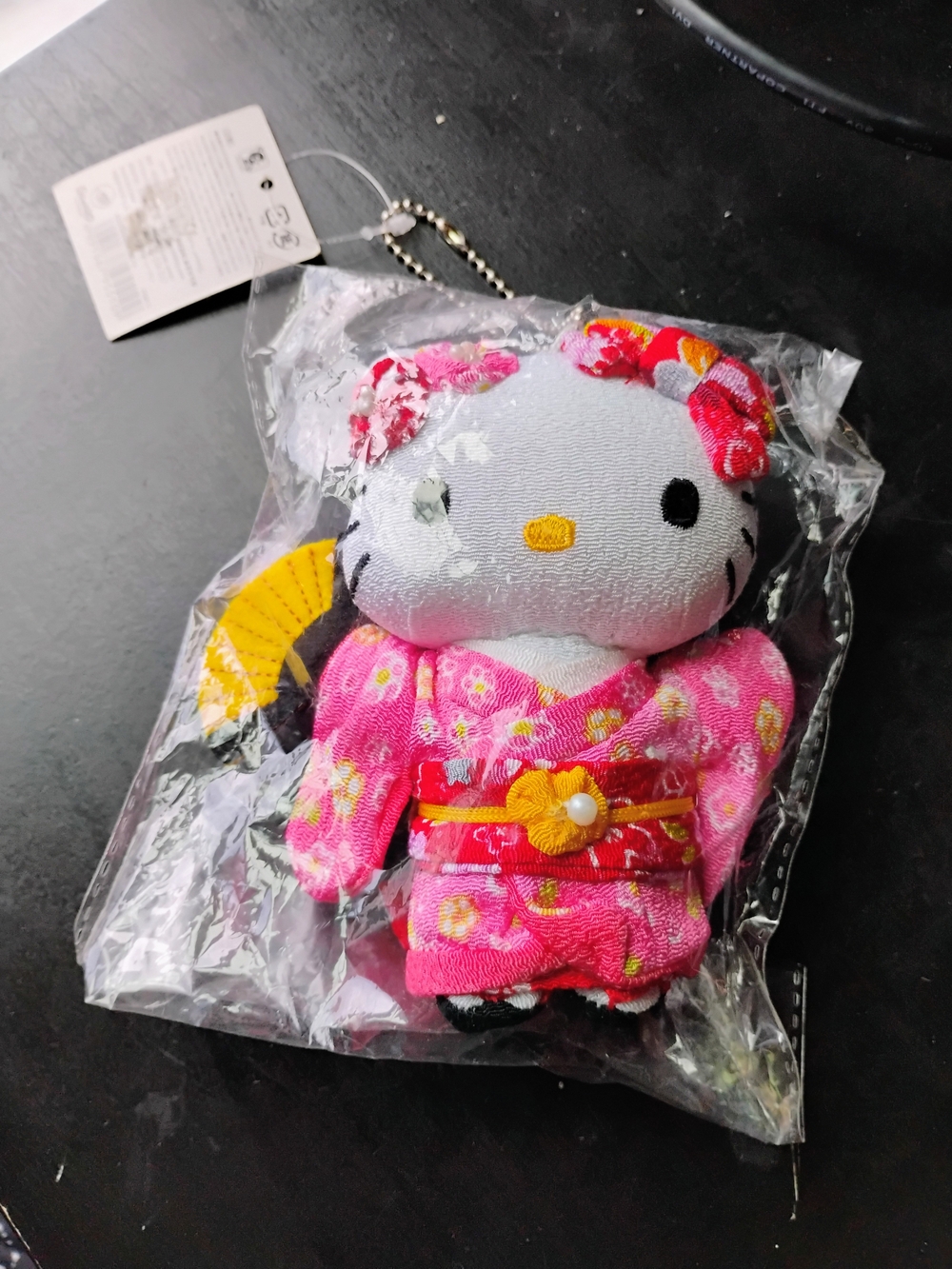 Hello Kitty Pink Floral Kimono Keychain with Yellow Fan Accent
